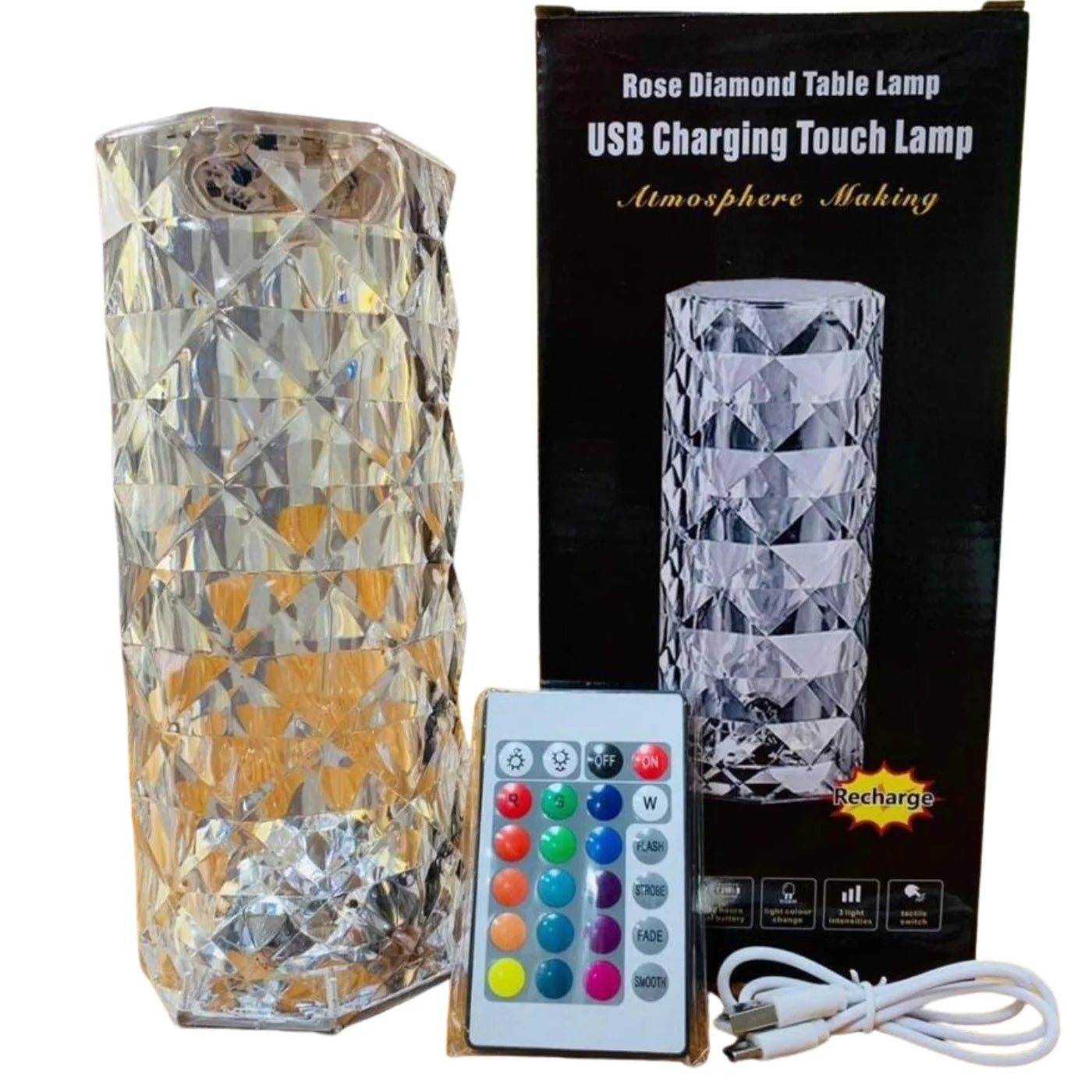16 Colors Diamond Rose Crystal Touch Lamp | USB Rechargeable Bedside Lamp with Remote