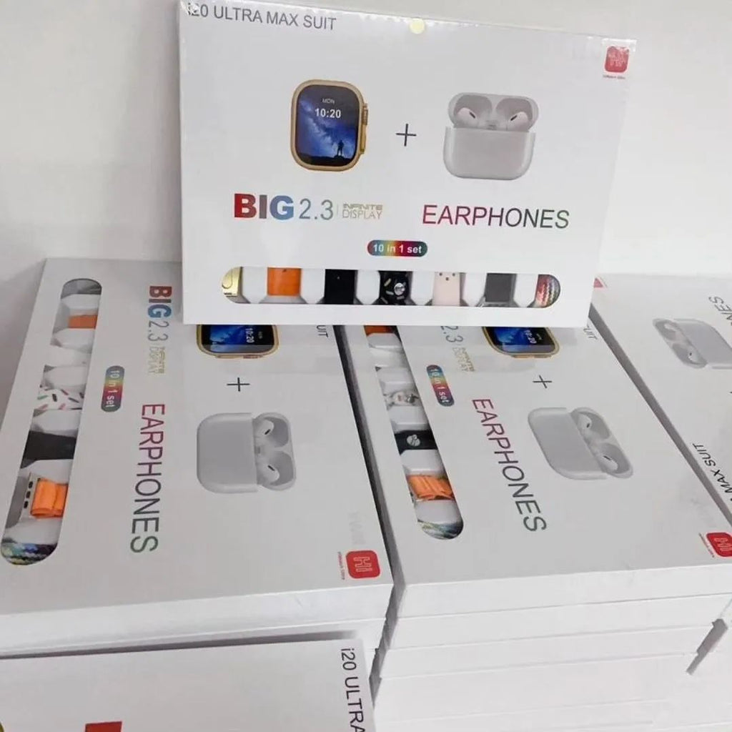 i20 Ultra Max Suit Smartwatch & Earbuds Combo – 10-in-1 Set with 7 Straps| Random