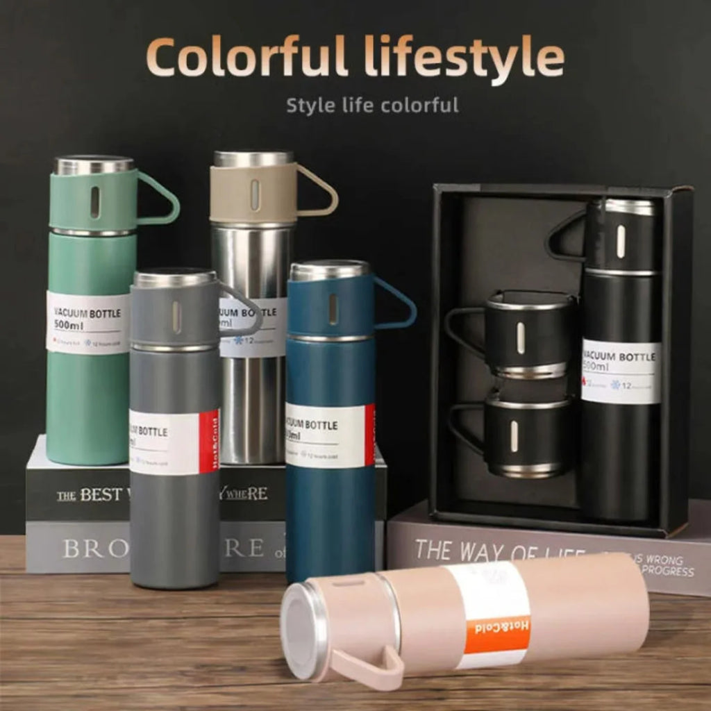 3 Cup 500ML Double-Layer Stainless Steel Vacuum Flask Set | Hot & Cold | Travel Thermos