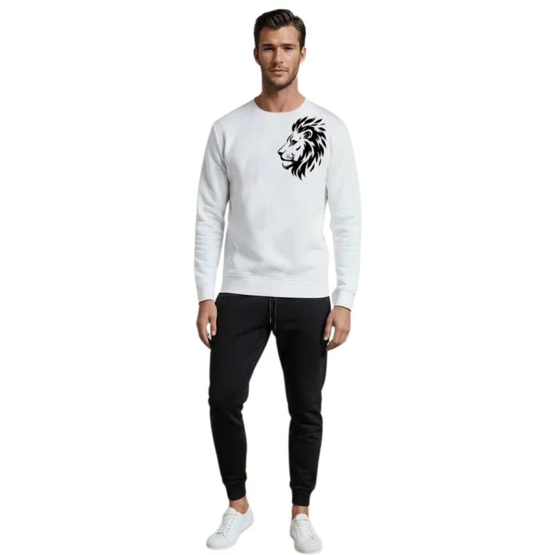 LION Printed White Tracksuit Sweatshirt & Trouser  | Warm & Comfortable Winter Wear | XL
