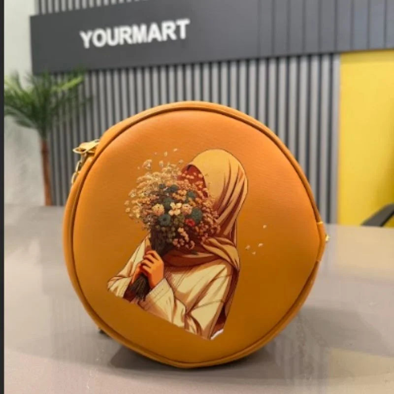 Round Retro Crossbody Handbag | Caramel Faux Leather with Artistic Print for Women