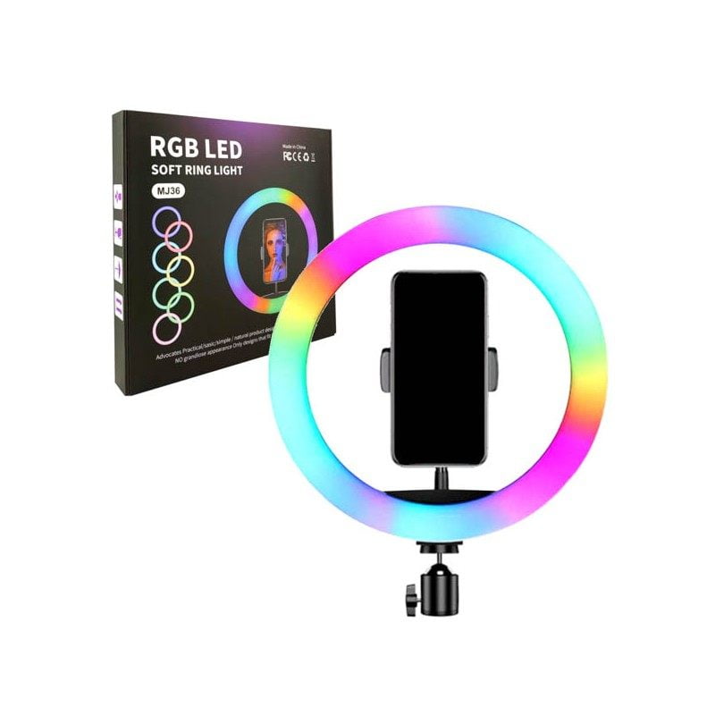 MJ36 RGB LED Ring Light 36cm with 16 Colors, Brightness Control & Phone Holder